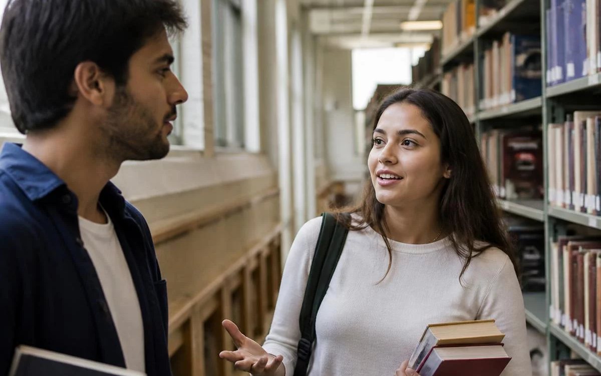 Três pessoas sentadas a uma mesa comprida, no meio de uma conversa numa sala de janelas altas